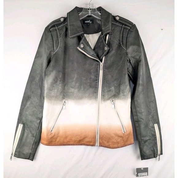 Motorola Jackets & Blazers - Mod X Faux Leather Gradient Moto Jacket Womens Small Green/Orange/White NWT
